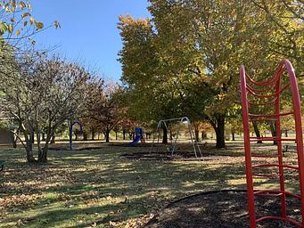 Children's playground filled with a swing set, slide, and monkey bars located in the Brush Creek campground.
