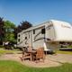 Clear photo of an RV site with patio, fire pit and surrounding landscaping — shows typical RV accommodations and amenities (from 'ways to stay' photos on the campground page).