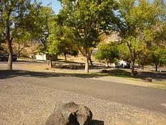 Overlooking the lower part of the campground. Trees in the distance.