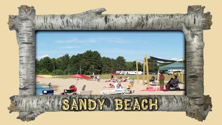 Framed photo labeled 'SANDY BEACH' showing a beach area with people, lounge chairs and RVs in the background — depicts the campground's beach amenity referenced on the site.