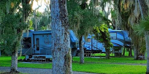 Two RVs parked in a peaceful, tree-filled campground.