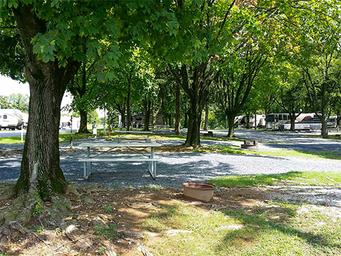 Close view of an individual campsite with picnic table, fire ring and hookups visible — useful for showing site amenities and surface type (on the homepage).