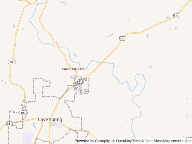 Map of Cedar Creek RV & Outdoor Center location at Cave Spring, GA, United States