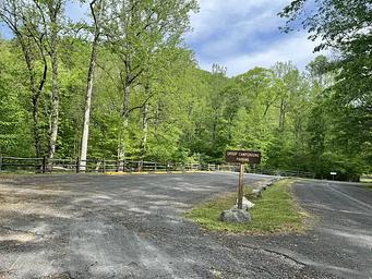 Parking area with yellow curb stops and a wooden fence surrounding