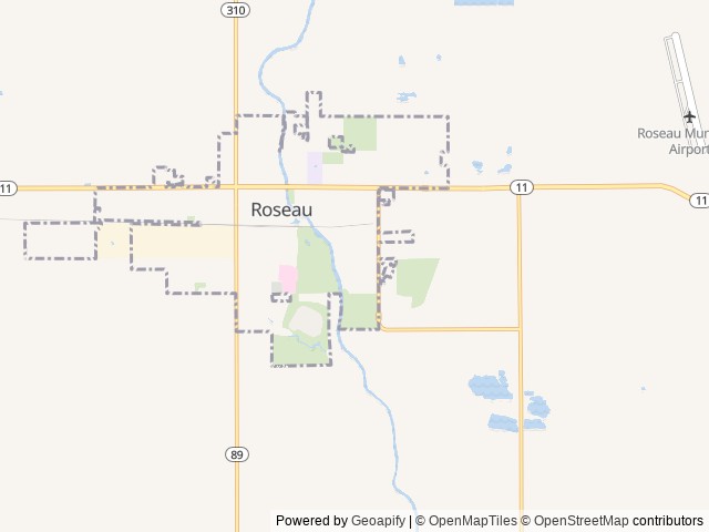 Map of Roseau City Park Campground location at Roseau, MN, United States