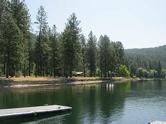 Evans from the dock. Campground beyond the lake.