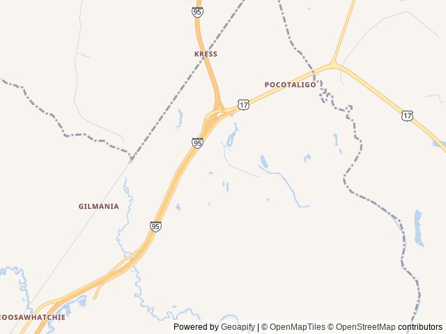 Map of Point South KOA location at Yemassee, SC, United States