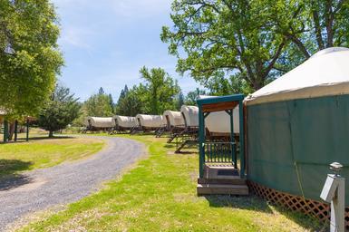 Row of canvas-covered yurts or wagon-style glamping units with campground road — highlights alternative lodging on the property.