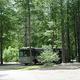 RV parked among tall trees showing wooded RV sites and campsite spacing — from the site’s Amenities page, demonstrates site character.