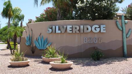 Property entrance sign with ‘SILVERIDGE’ name, desert landscaping and address number — useful as an identifying gateway photo for the resort (from homepage slider image).