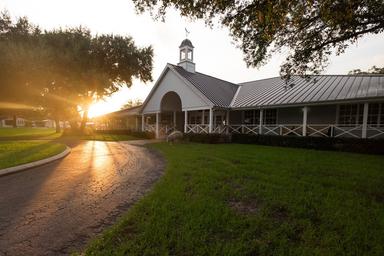 Front/entrance view of the clubhouse building and curved driveway on the property — matches homepage and facilities imagery of the resort clubhouse.