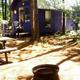 On‑site rental cabin among trees with picnic table and firepit — supports cabin rental listing (page: https://www.pineridgeparkcampsite.com/cabin-rentals). Useful for accommodations gallery.