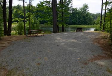 Gravel campsite pad with picnic table and direct view of the pond — useful to show an individual waterfront campsite and amenities.