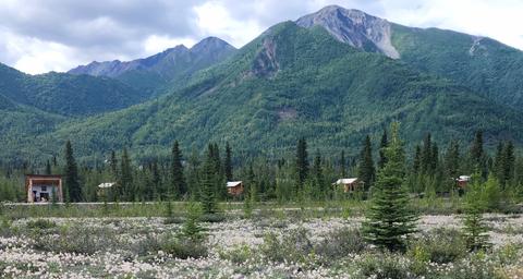 Wide exterior landscape showing multiple platform tents with mountains behind — good aerial/overview-style view of the camp layout and surrounding scenery from the property’s gallery.