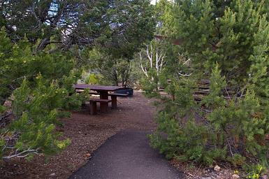 Picnic table tuck away in the middle of a group of trees. An asphalt path leads up to the area.
