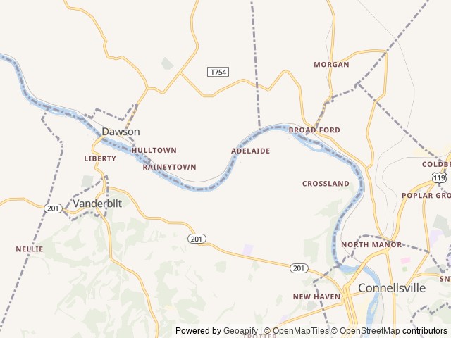 Map of The Blue Canoe RV Resort location at Connellsville, PA, United States