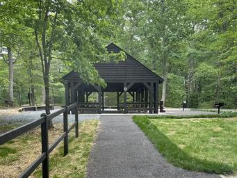 Paved walkway leading to a wooden roofed and paved picnic pavilion shaded by trees
