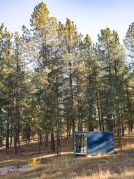 A modern small blue building with large glass windows is set in a grassy area in front of a forest of tall pine trees under a clear blue sky, with yellow Adirondack chairs in front.