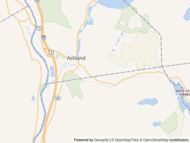 Map of Ames Brook Campground location at Ashland, NH, United States