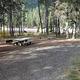Flat gravel parking area next to picnic table and fire ring in pine forest with lake in the background.