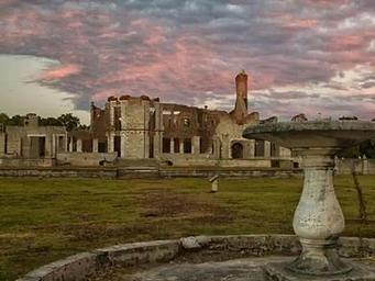 dungeness ruins under pink clouds