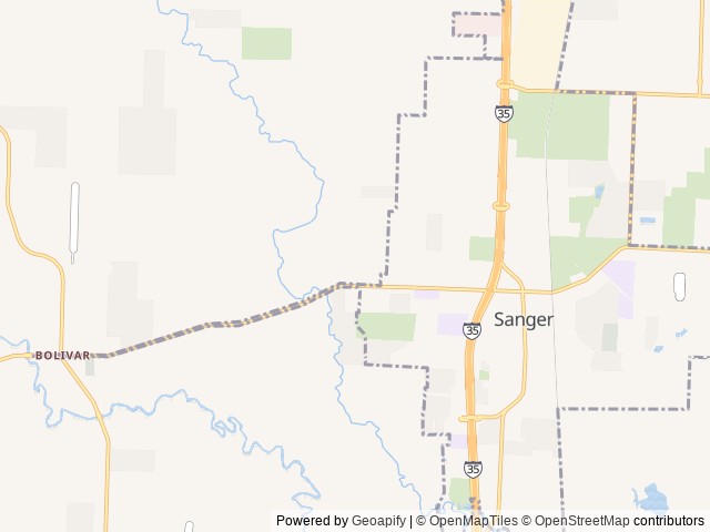 Map of Wagon Master RV Park location at Sanger, TX, United States