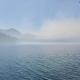 misty lake with trees behind.