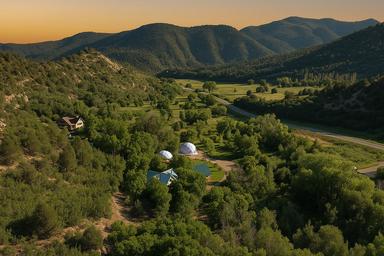 Aerial view of Zen Zion property with geodesic domes nestled among trees at golden hour