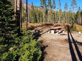 Picnic Table and fire ring in alpine setting.