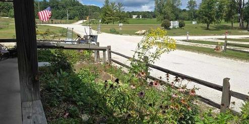 View from a porch toward the campground entrance/drive and open grassy sites with flag — shows on-site roads, site layout and surrounding grounds (context from homepage).