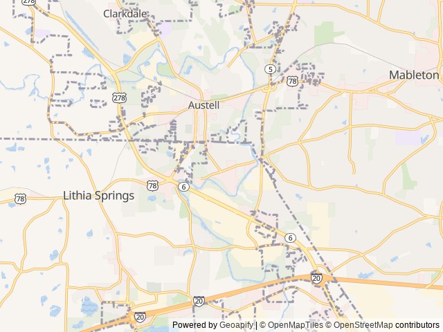 Map of Sweetwater Creek RV Reserve location at Austell, GA, United States