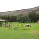 Grassy picnic area with bathroom and small ramada