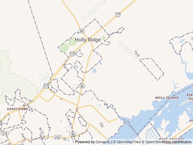 Map of Oceans RV Resort location at Holly Ridge, NC, United States