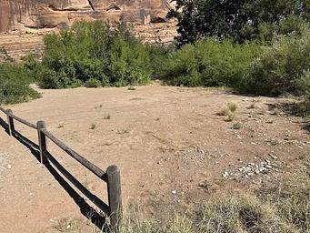 Kings Bottom Group Site has a wide tent space for several tents based on tent size. The surface is flattened gravel and sand and is surrounded by tall vegetation.