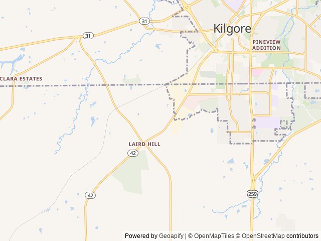 Map of Rolling Pines RV Park location at Kilgore, TX, United States