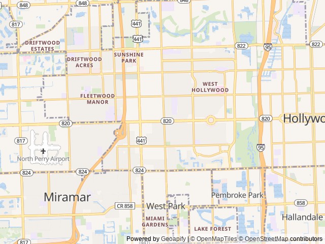 Map of Hollywood KOA location at Hollywood, FL, United States