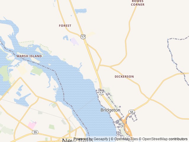 Map of New Bern KOA Holiday location at New Bern, NC, United States