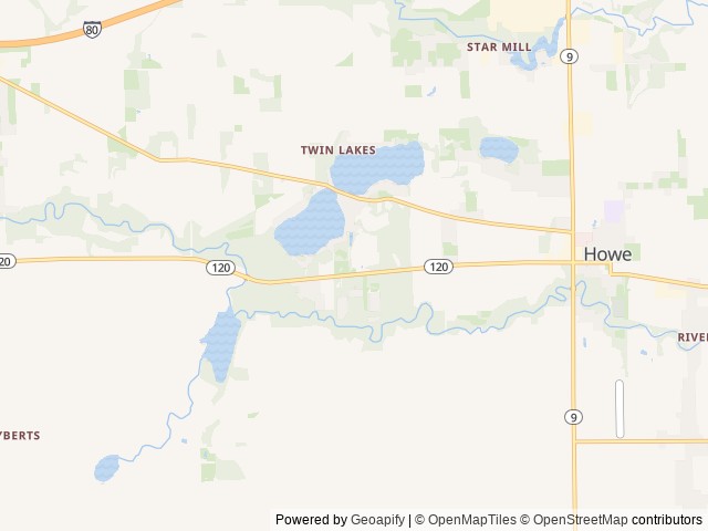Map of Twin Mills Camping Resort location at Howe, IN, United States