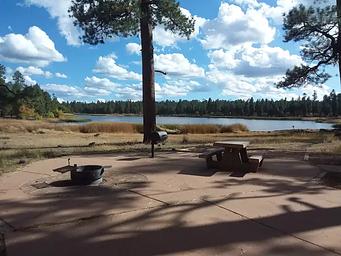 Paved campground with view of the lake and a stand up grill with picnic table and fire ring