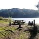 Campsite with picnic table and campfire ring overlooking lake and tree covered far shore
