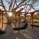 Outdoor swings near a glamping site during sunset.