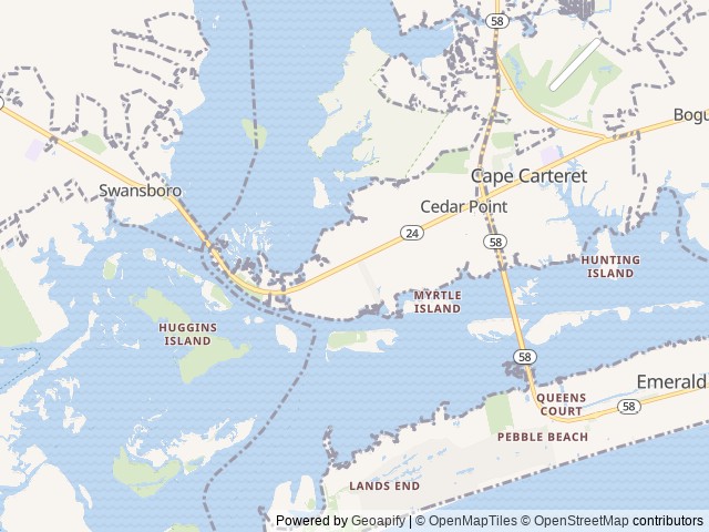 Map of Waterway RV Campground location at Cedar Point, NC, United States