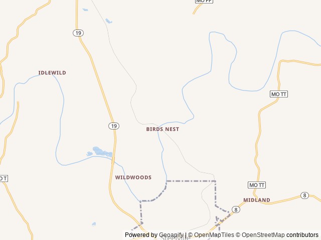 Map of Birds Nest Lodge location at Steelville, MO, United States