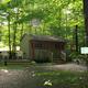 Ground-level photo of a rustic cabin (sign ‘CABIN 1’ visible) set in wooded campsite — useful to show cabin accommodations and lot setting.