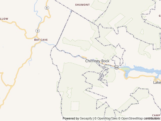 Map of Hickory Nut Falls Family Campground location at Chimney Rock, NC, United States