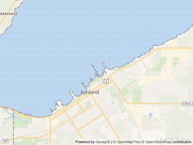 Map of Kreher Park Campground location at Ashland, WI, United States