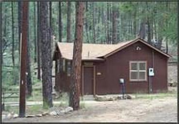 Exterior of Horsethief cabin sitting in the ponderosa with picnic table to the left