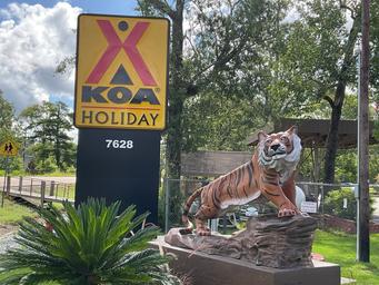 Photograph of the KOA Holiday entrance sign and distinctive tiger statue at the site — confirms property identity and entrance landmark from the campground page.