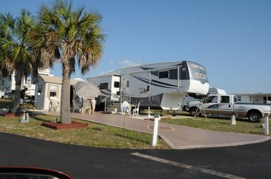 A large RV beside palm trees, with chairs, an umbrella, and people enjoying the outdoor space.