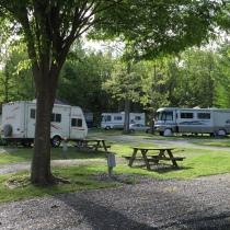 Grassy campsite foreground with picnic table and several parked RVs in the background — another clear view of site spacing and amenities from the Campground Amenities page.